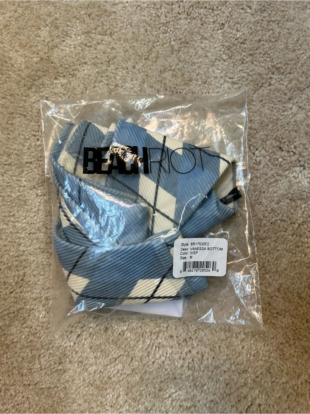 Beach Riot Vanessa Bikini Bottoms Blue Argyle NWT Cheeky High-Cut Swim Sz M